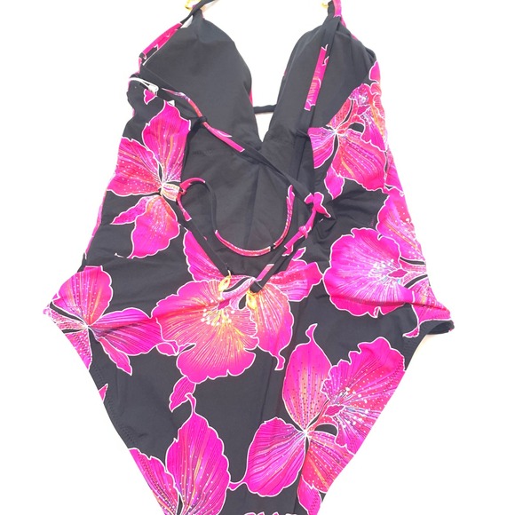 Trina Turk fleury pink black hibiscus flower one piece swimsuit size 14 new - Picture 12 of 14